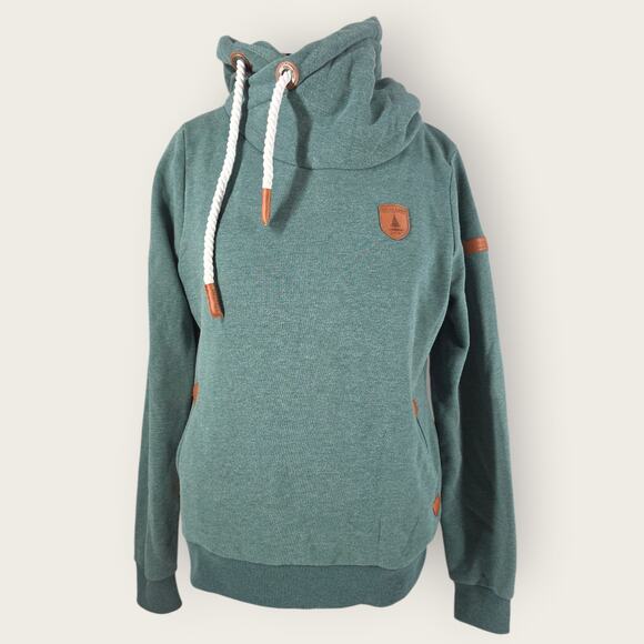 Wanakome Sweaters - Wanakome Pullover Hoodie Green Cowl Neck Leather Patch Drawstring Women's Sz XL